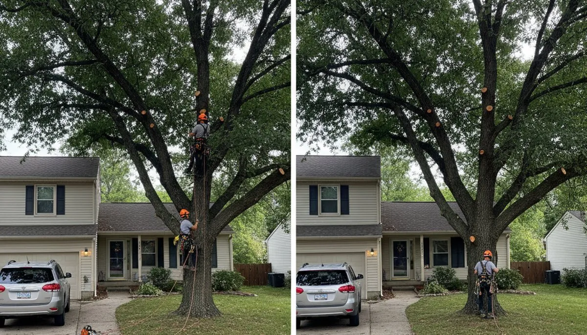 Arborist lifting tree canopy for driveway clearance during professional trimming in Aurora, IL