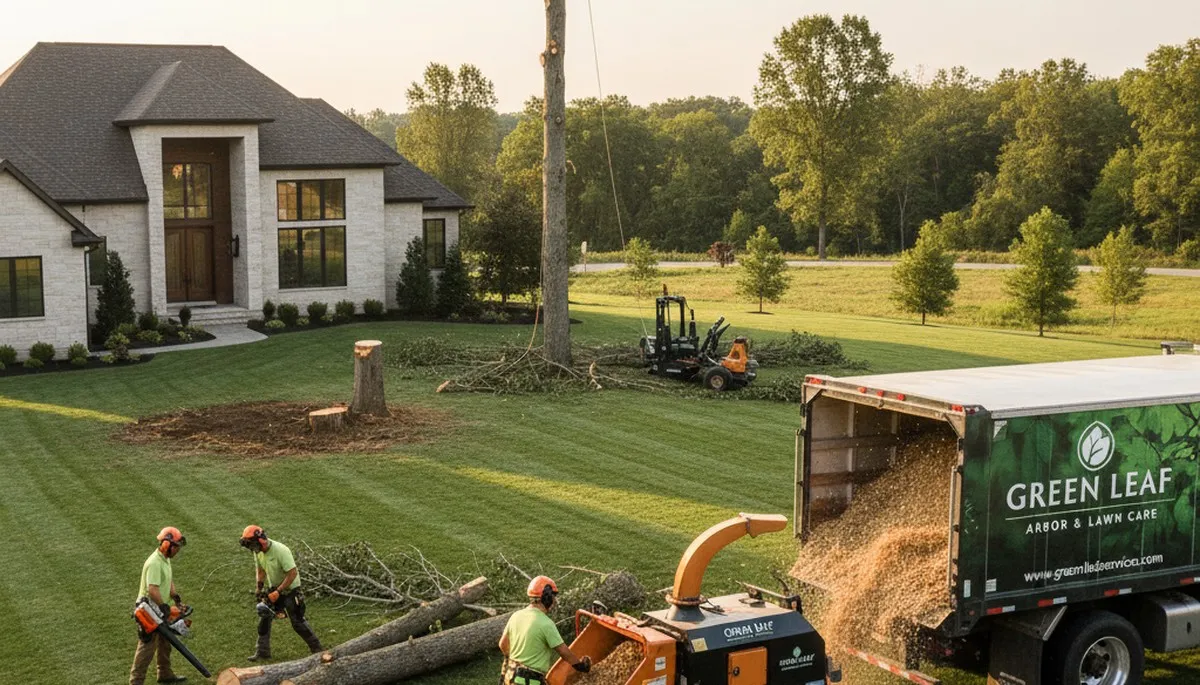 Professional lawn and tree service team caring for residential yard in Aurora, IL