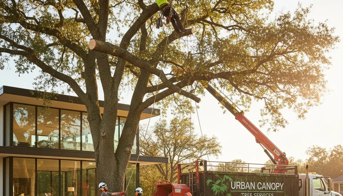 Professional crew performing tree removal in Aurora, IL for damaged oak near residential property