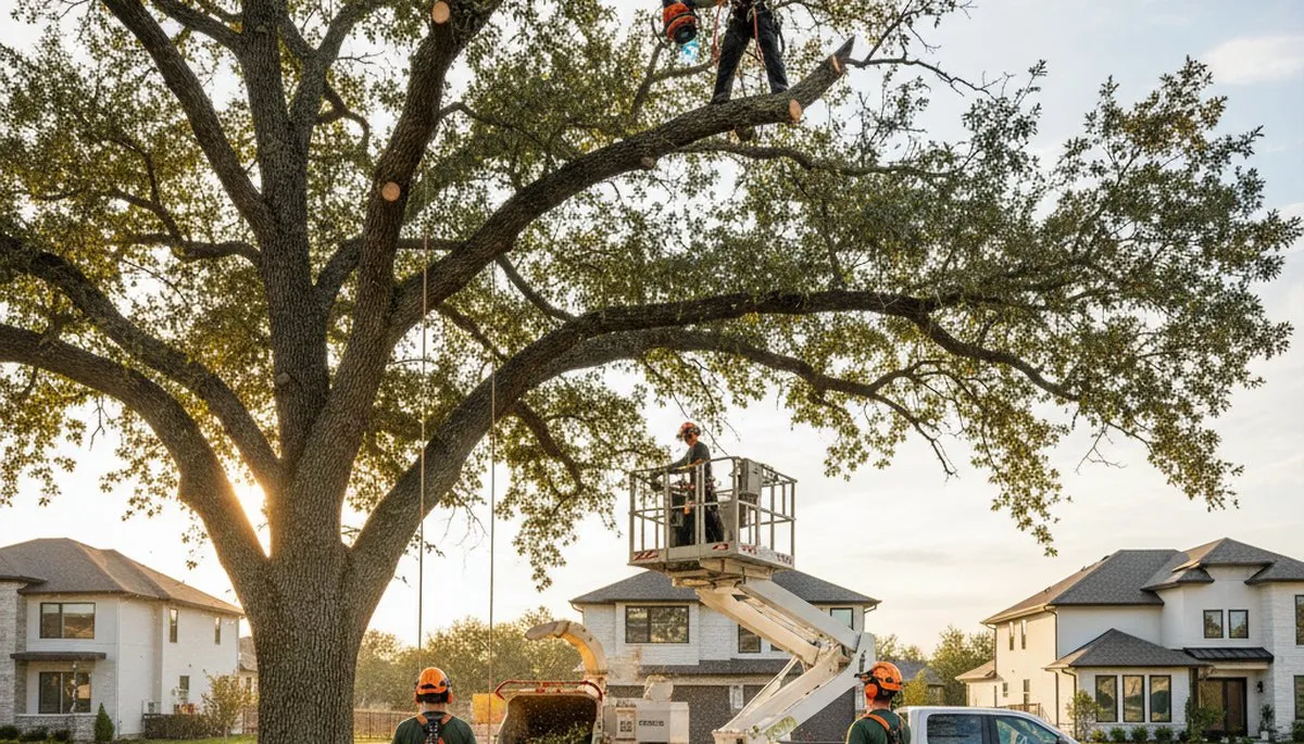 Arborists performing expert tree trimming on mature oaks in Aurora, IL residential neighborhood